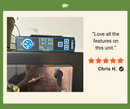Digital device on a surface with a product review and rating displayed.