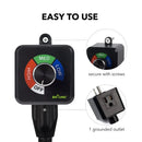 A black heat mat rheostat with a dial and various settings including high, medium, low, and off, plugged into a grounded outlet.