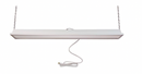A white, rectangular overhead mount heat panel with chains for hanging and a power plug.