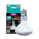 A product image featuring the Arcadia GoldenSun Basking Flood heat lamp packaging and the lamp itself, which is a clear bulb with a white base, designed to provide ambient heat.