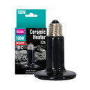 A 100-watt ceramic heat emitter by Arcadia Reptile, packaged in a box with branding and product information visible. The emitter is black, cylindrical, and designed to produce infrared heat for reptile enclosures.